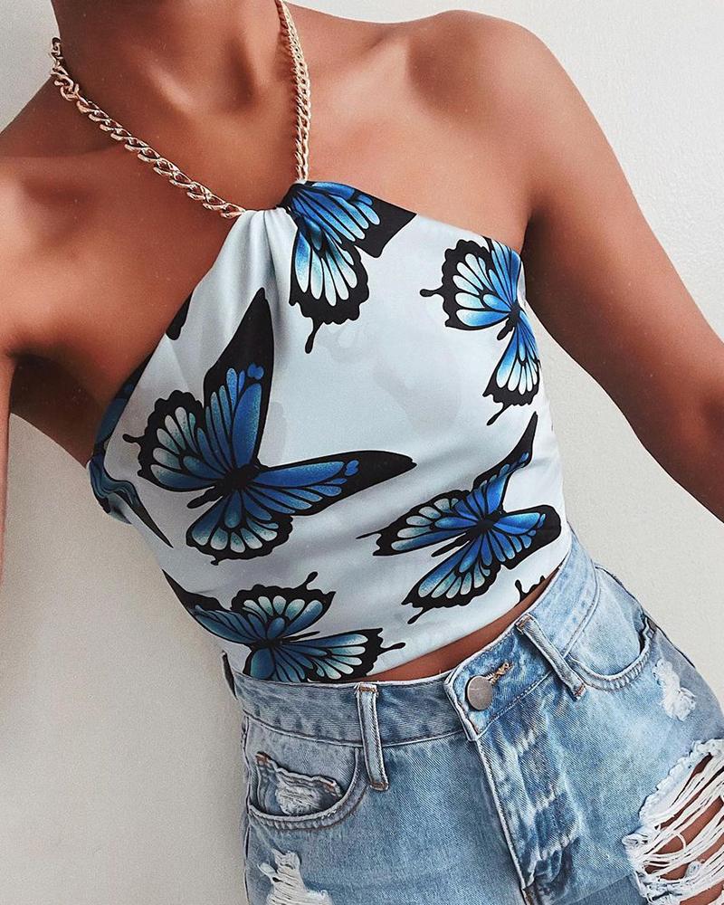 

Chain Strap Halter Butterfly Print Crop Top, White