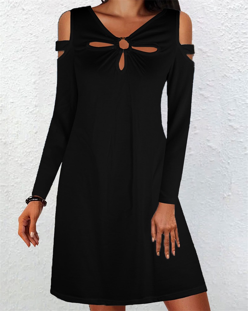 

O-Ring Hollow Out Cold Shoulder Casual Dress, Black