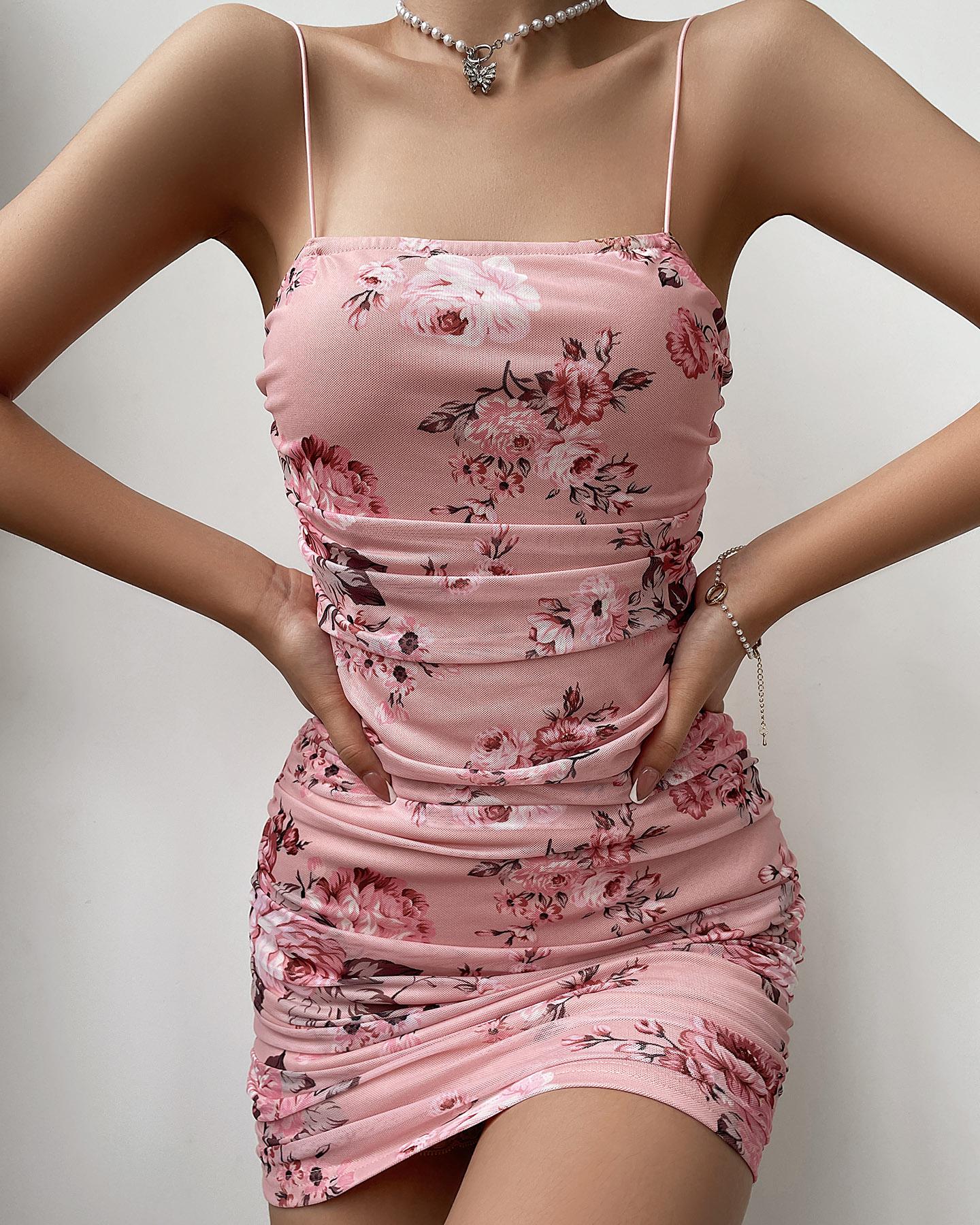 

Floral Print Sheer Mesh Ruched Cami Bodycon Dress, Pink