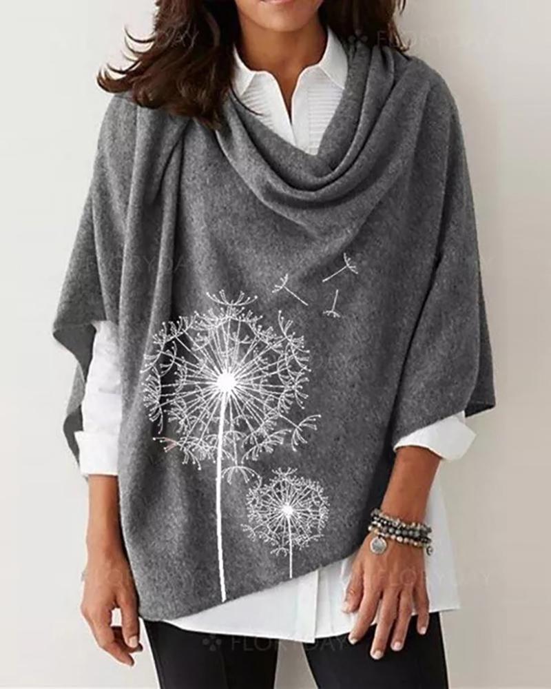 

Draped Neck Dandelion Print Shift Sweaters, Gray