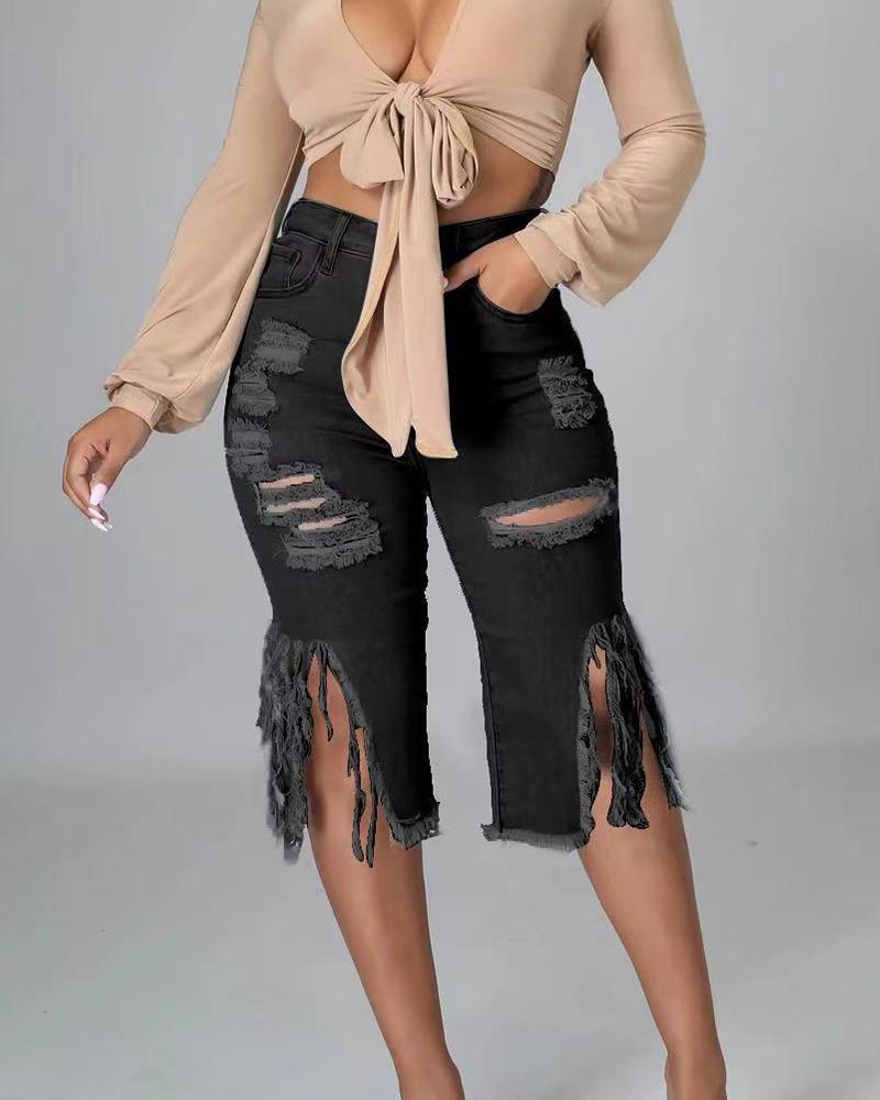 

Fringe Hem Cutout Ripped Tassel Design Denim Shorts, Black