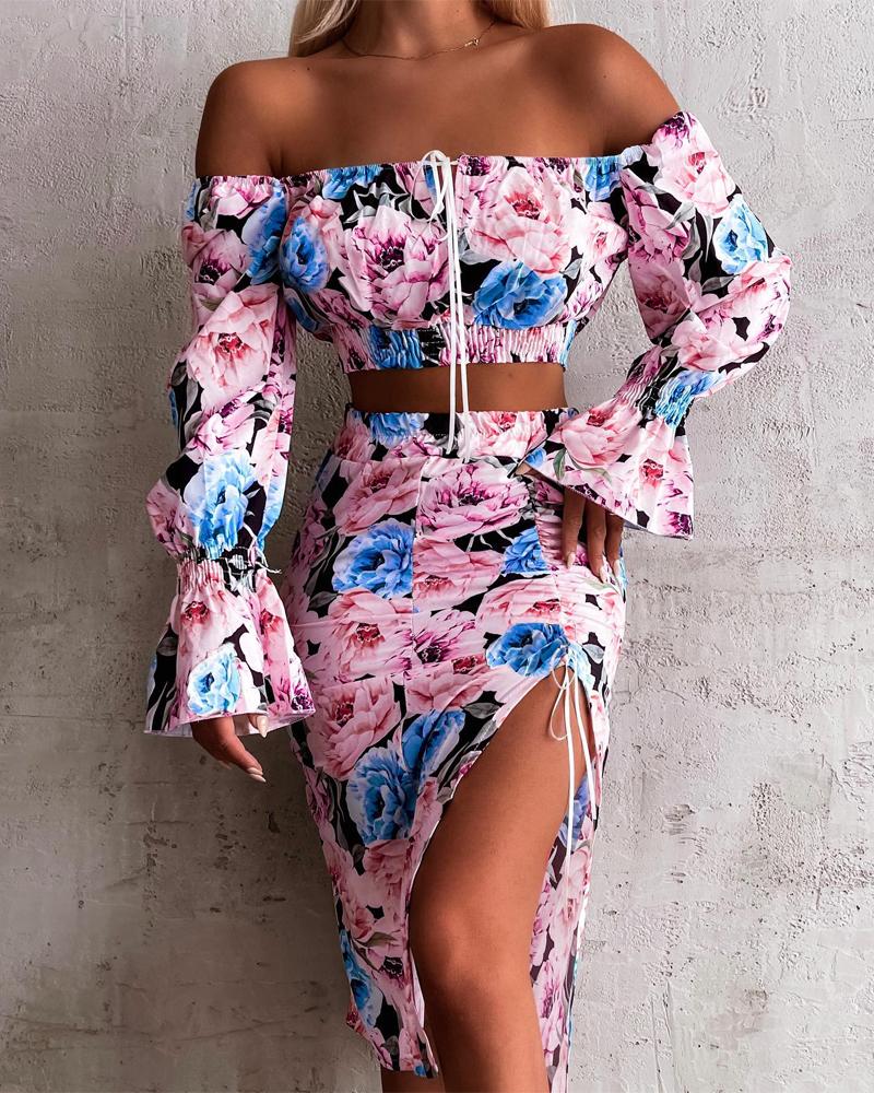 

Floral Print Off Shoulder Crop Top & High Slit Skirt Set, Pink
