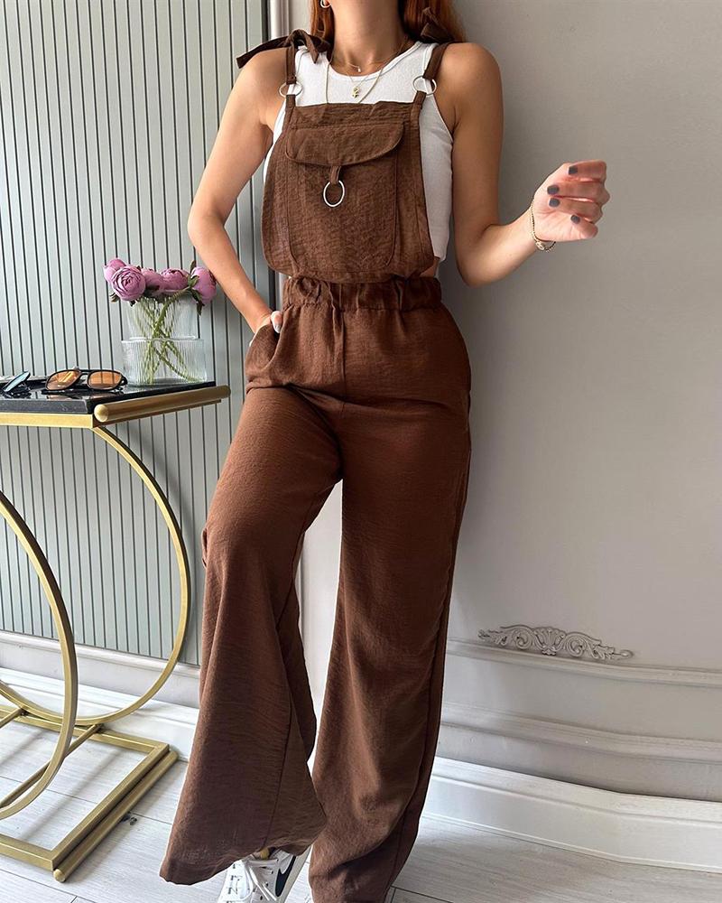 

O-Ring Decor Wide Leg Jumpsuit, Brown