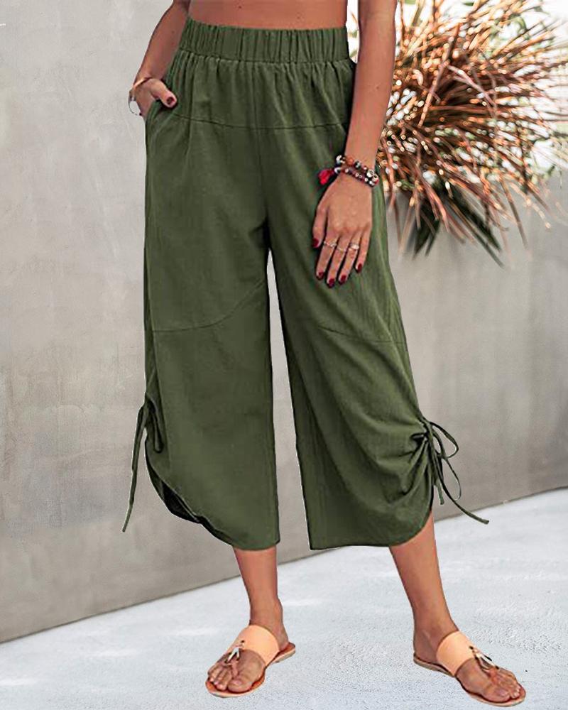 

Tied Detail Casual Wide Leg Pants, Army green