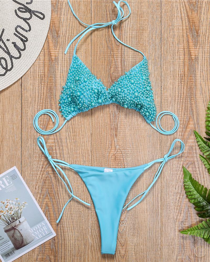 

Beaded Tied Detail Sleeveless Bikini Set, Blue