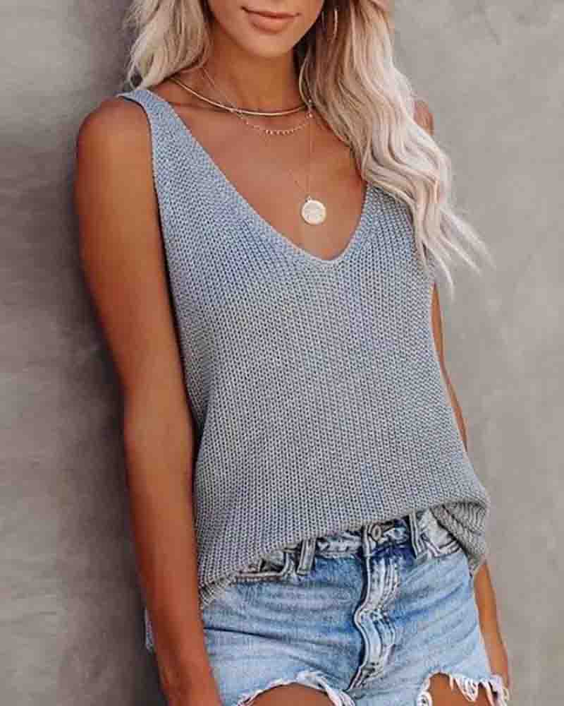 

V-Neck Knit Sleeveless Plain Basic Tank Top, Gray