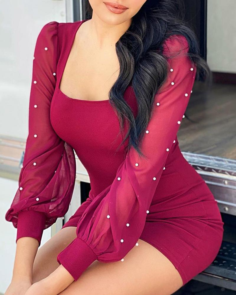 

Sheer Mesh Puffed Sleeve Beaded Bodycon Dress, Wine red