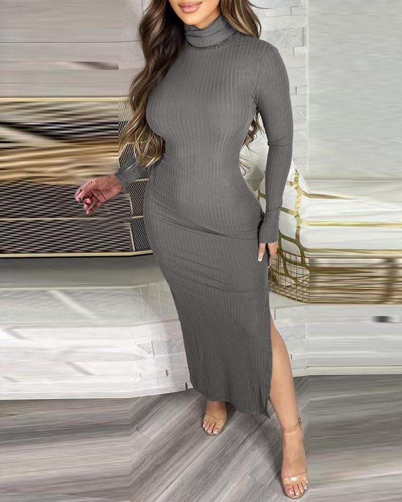 

High Neck Ribbed Slit Long Sleeve Dress, Gray