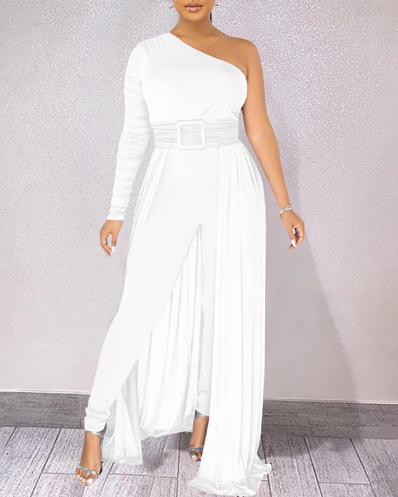 

One Shoulder Sheer Mesh Ruched Jumpsuit, White