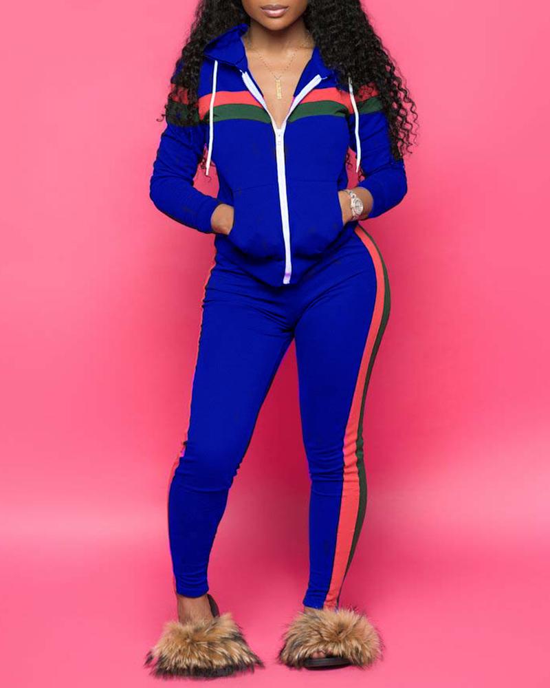 

Striped Colorblock Zip Front Hooded Top & Pants Set, Blue