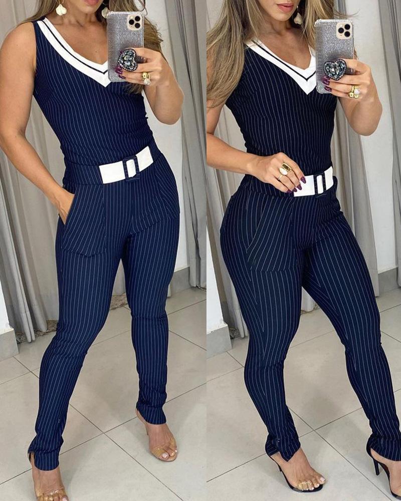 

V-Neck Striped Print Sleeveless Jumpsuit, Blue