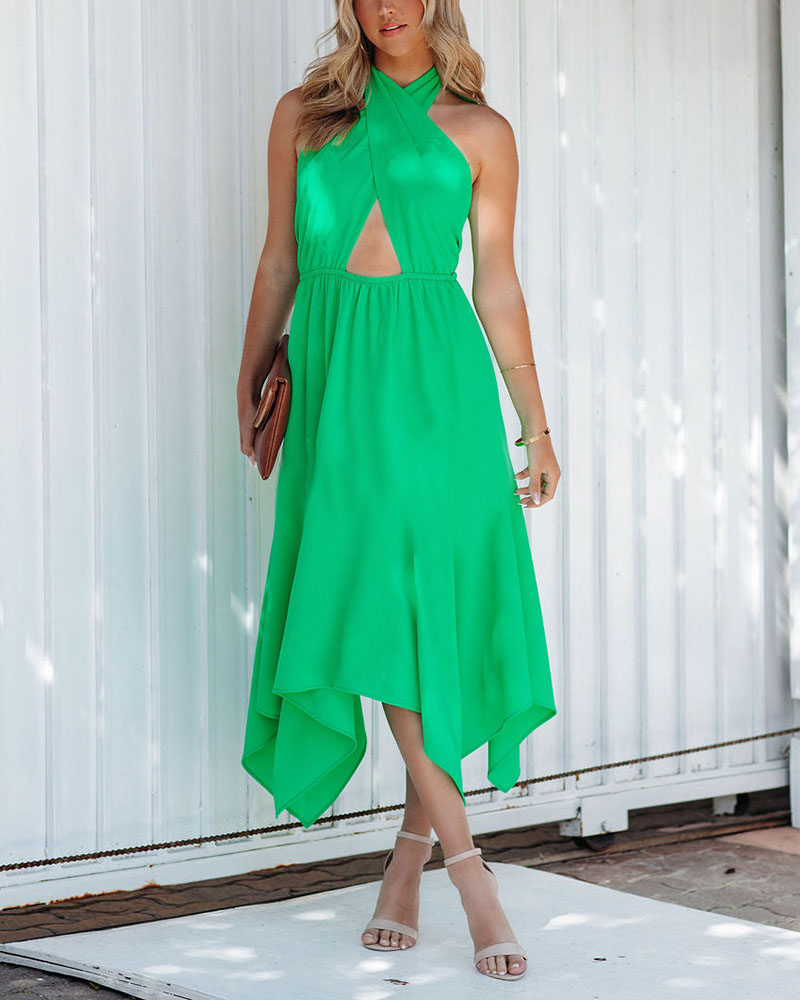

Halter Backless Cutout Asymmetrical Casual Dress, Green
