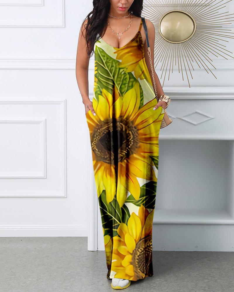 

Plus Size Sunflower Print Spaghetti Strap Maxi Dress, Yellow