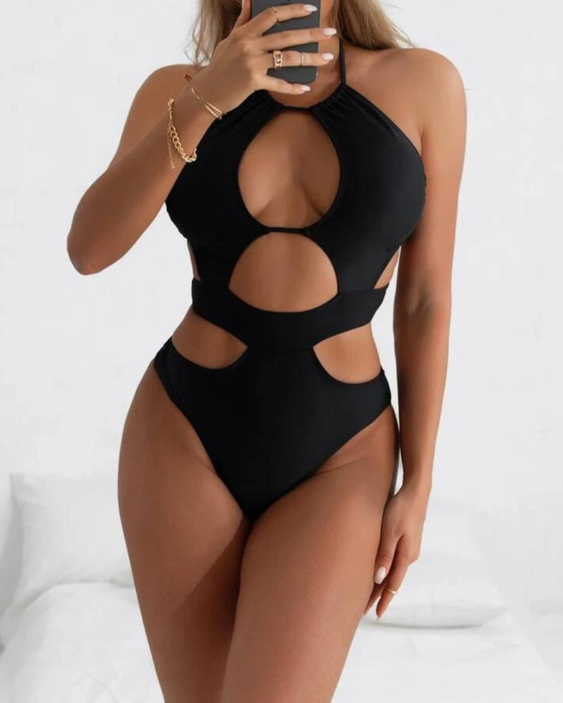 

Halter Cutout Backless One Piece Swimsuit, Black
