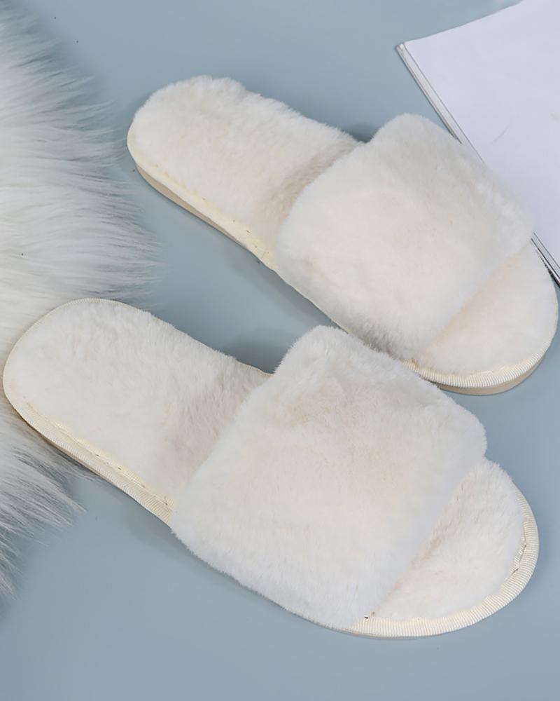 

Round Toe Fuzzy Casual Slippers, Beige