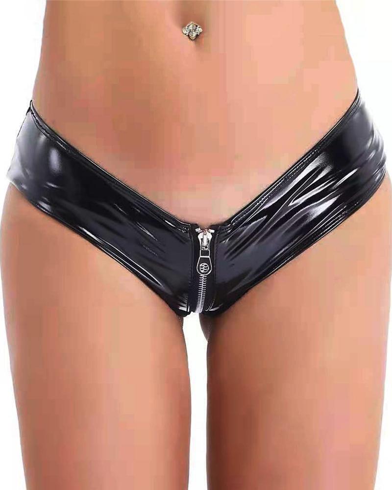

PU Leather Crotchless Zipper Decor Panty, Black