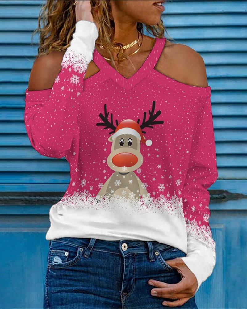 

Christmas Cold Shoulder Snowflake Elk Print Top, Hot pink