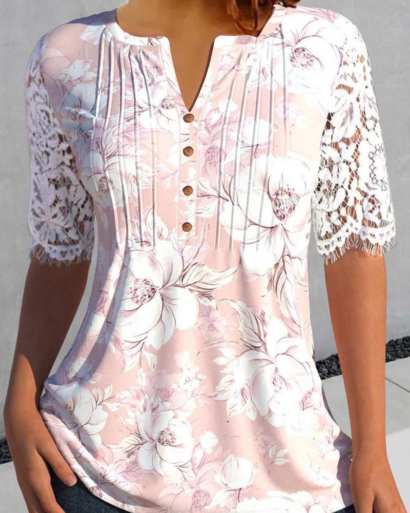 

Floral Print Lace Patch Top, Pink