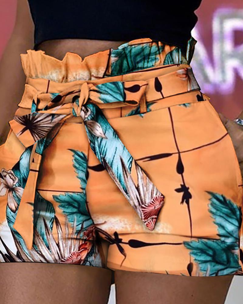 

Print Ruffles Paperbag Waist Casual Shorts, Orange