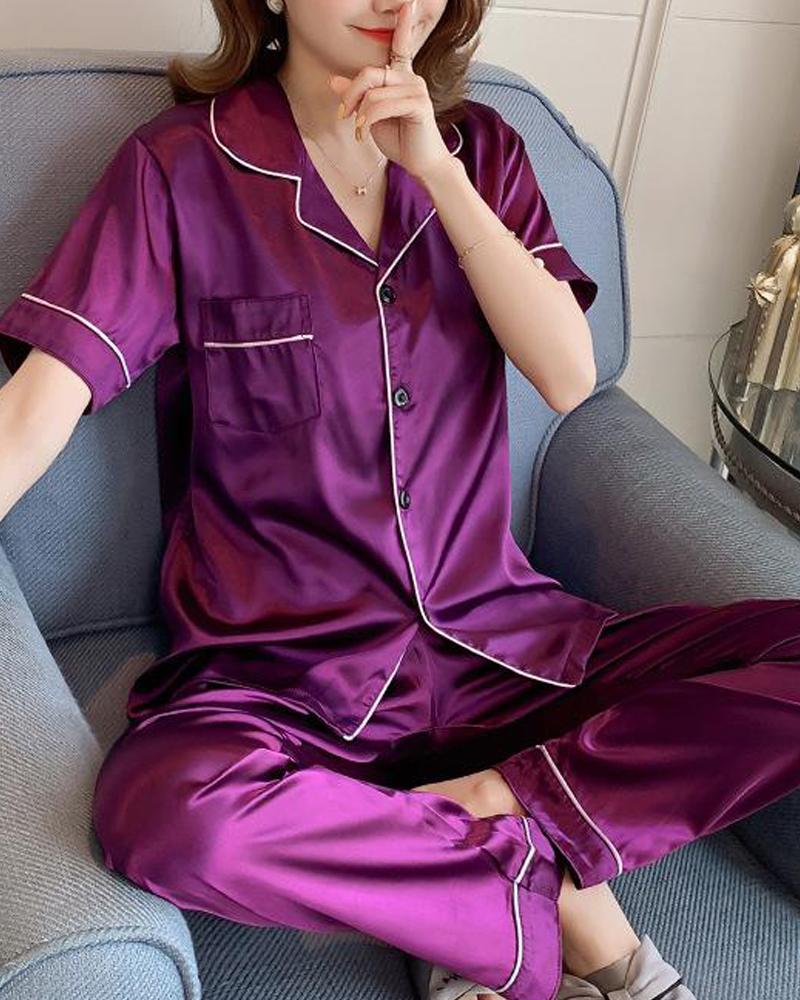 

Satin Short Sleeve Pajama Set, Purple