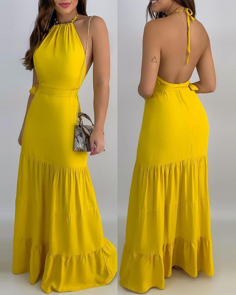 

Halter Backless Ruched Maxi Dress, Yellow
