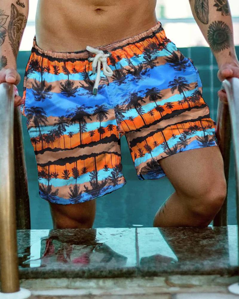 

Vacation Style Color Block Coconut Tree Print Drawstring Short Pants, Blue