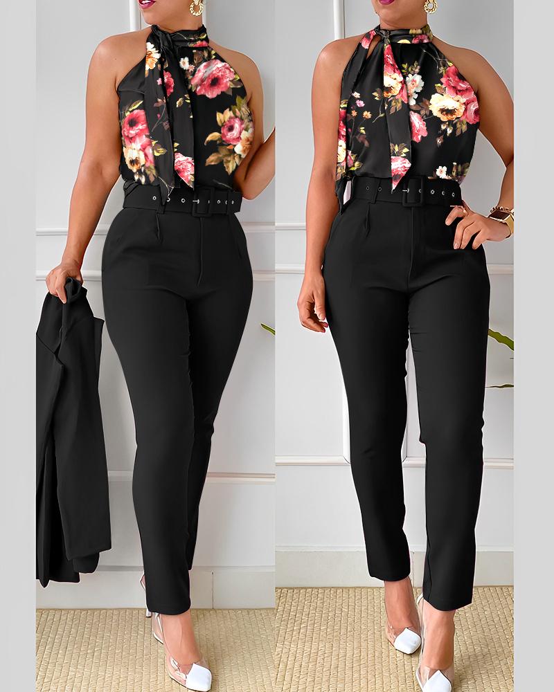 

Floral Print Tank Top & High Waist Pants Set With Belt, Black