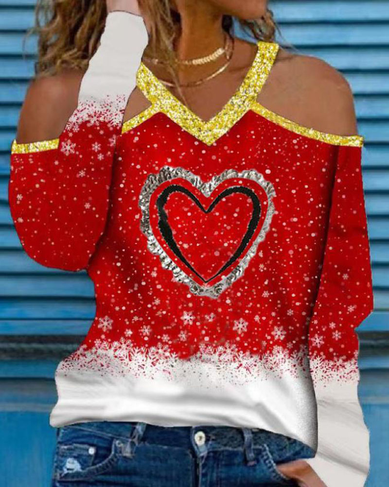 

Christmas Print Sequin Heart Cold Shoulder Top, Red