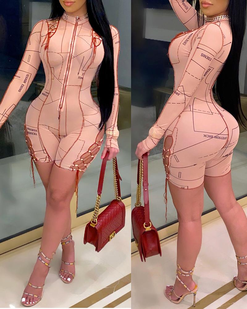 

Abstract Letter Print Zipper Design Lace-up Romper, Apricot