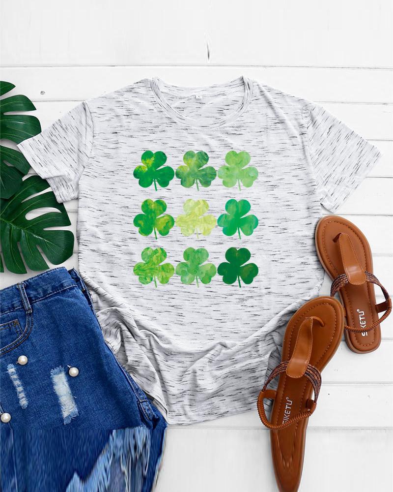 

St. Patrick' Day Clover Print Casual T-shirt, Light gray