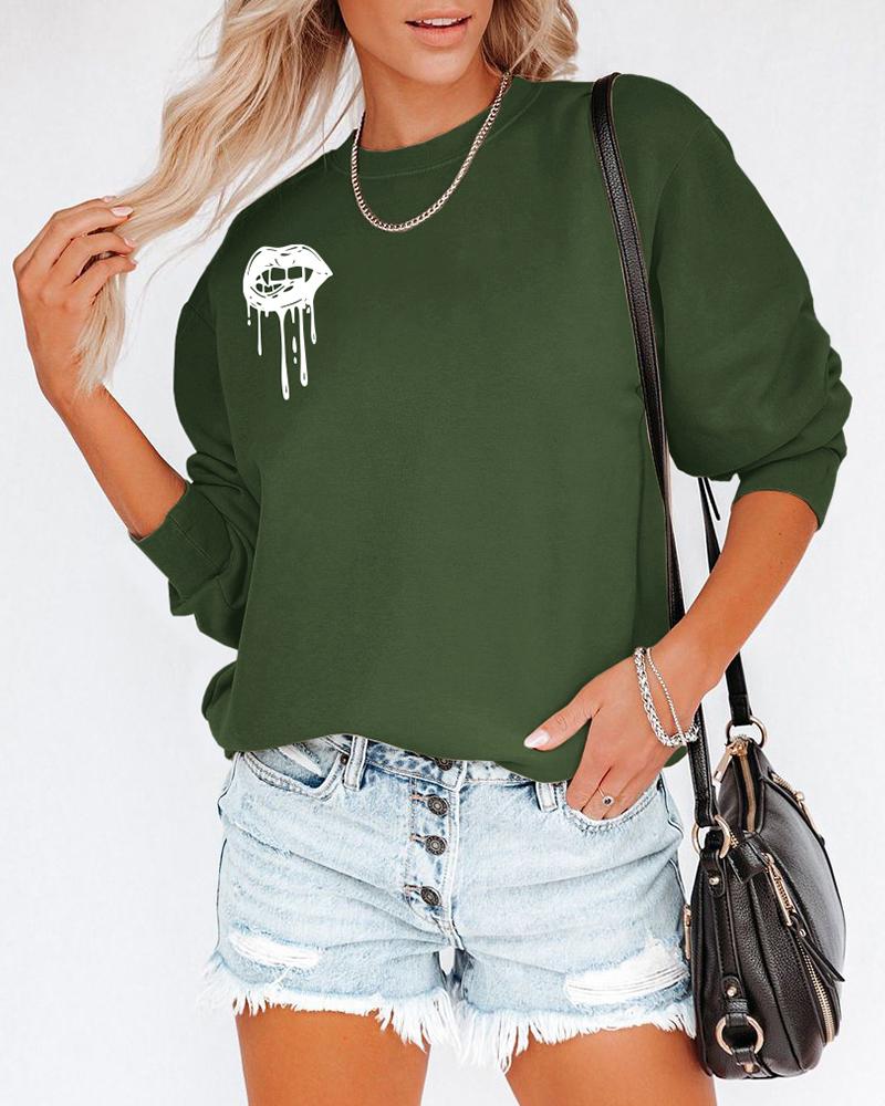 

Halloween Lip Print O Neck Long Sleeve Sweatshirt, Green