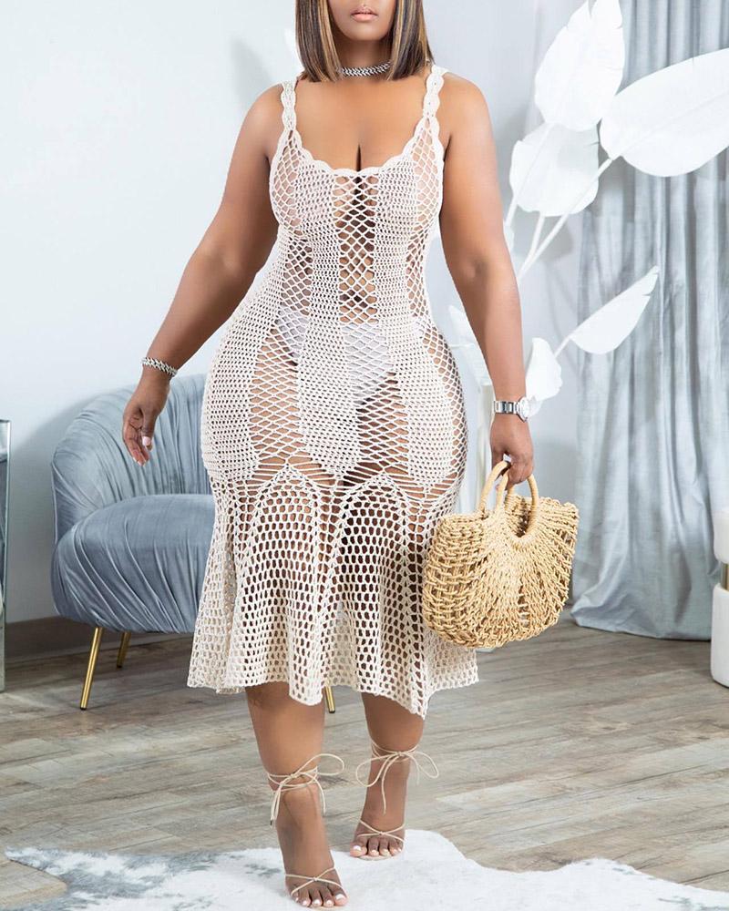 

Hollow Out Crochet U-Neck Cover Up Dress, White