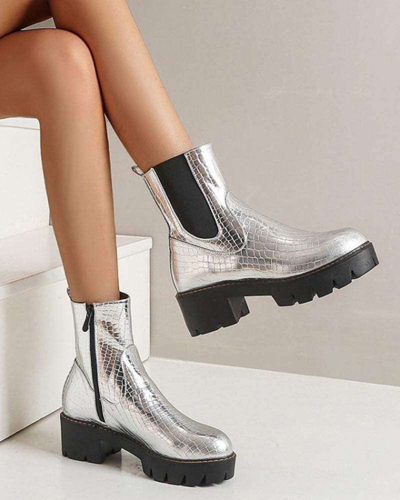 

Round Toe Snake Print Zipper Ankle Boots, Silver