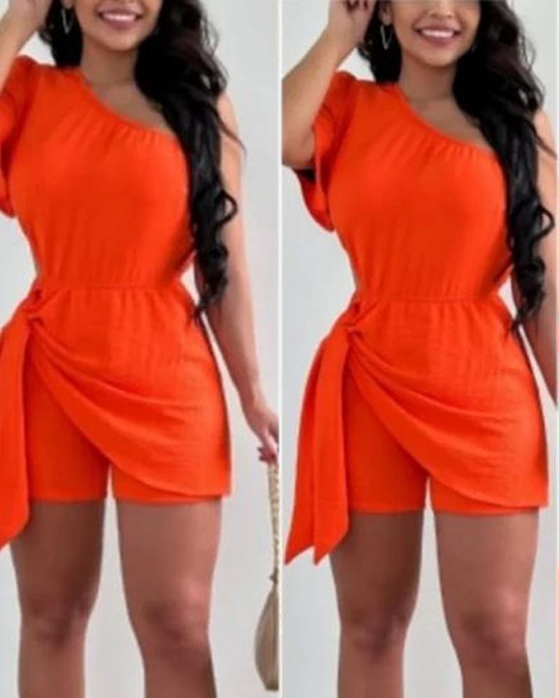 

One Shoulder Tied Detail Cutout Skort Romper, Orange