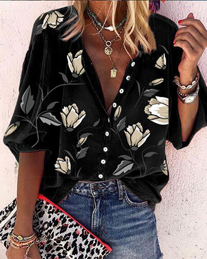 

Floral Print Button Front Lantern Sleeve Shirt, Black