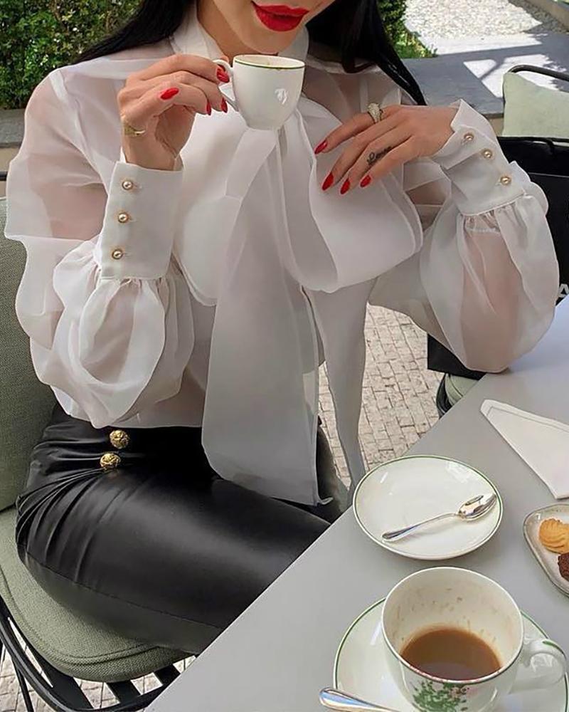 

Tie Neck Popper Cuff Mesh Blouse, White