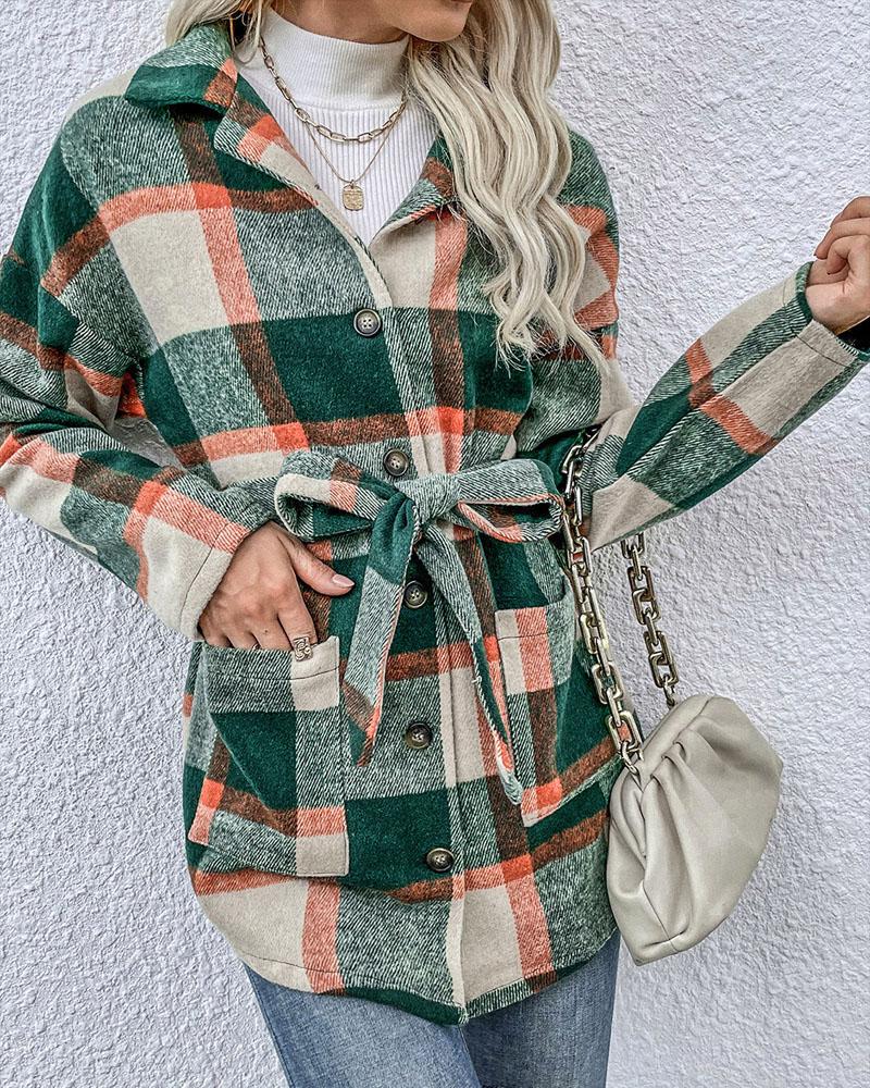 

Plaid Print Long Sleeve Button Front Belted Shacket, Green