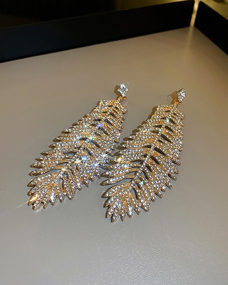 

1Pair Leaf Pattern Rhinestone Decor Earrings, Gold