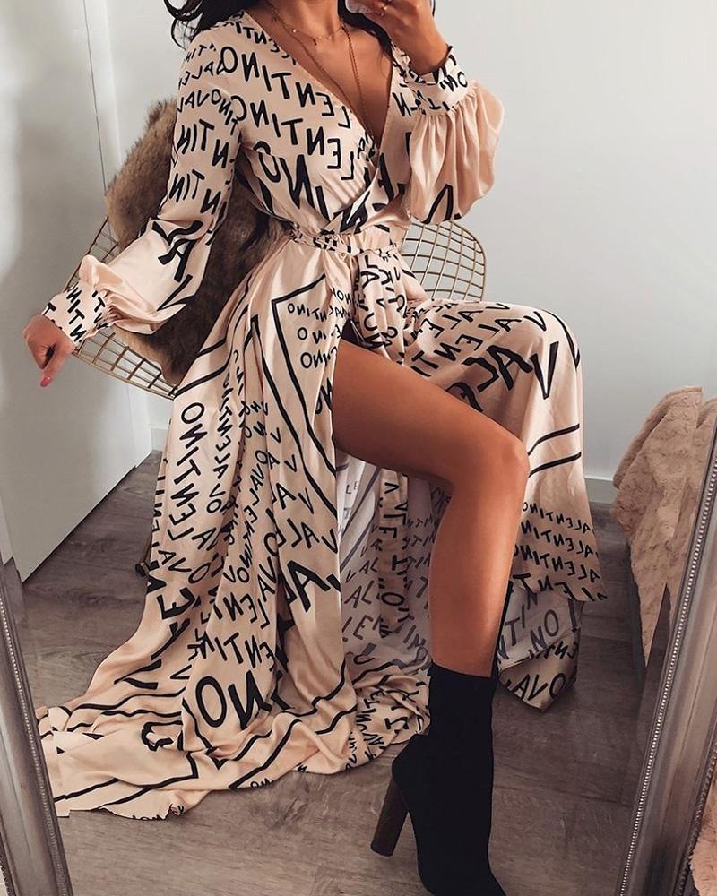

Letter Print Lantern Sleeve High Slit Maxi Dress, Apricot
