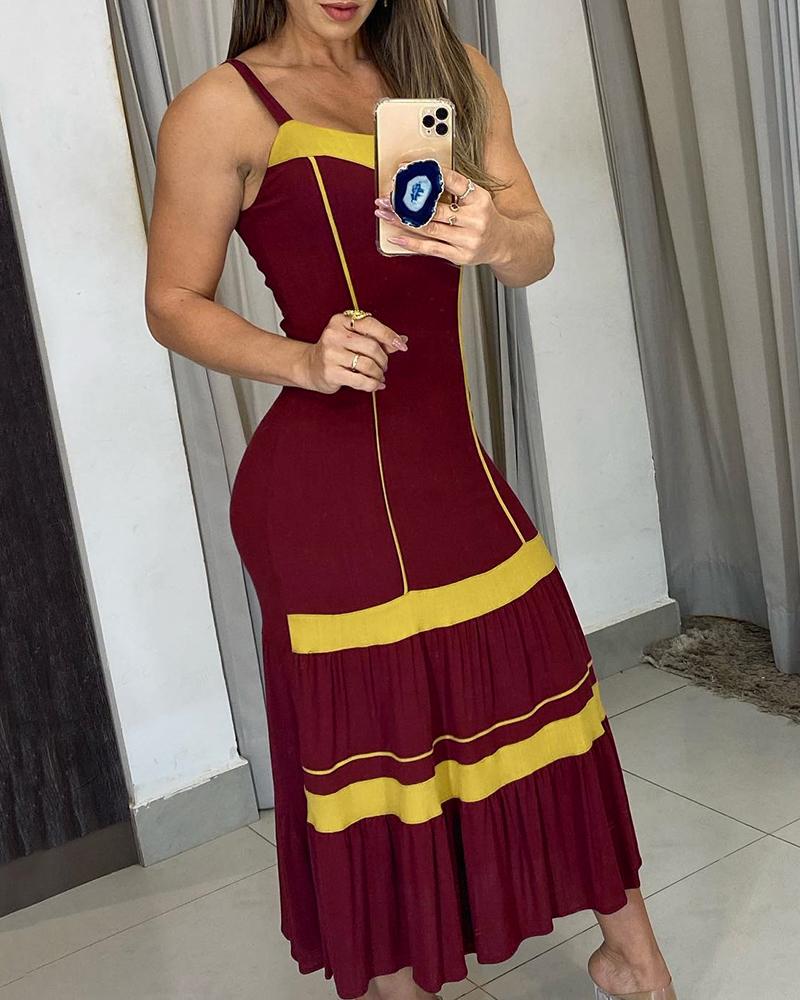

Sleeveless Colorblock Ruched Maxi Dress, Wine red