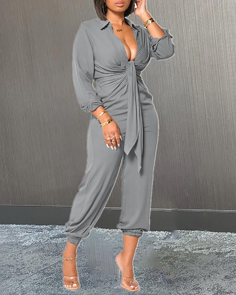 

Long Sleeve Plunge Ruched Tied Front Jumpsuit, Gray