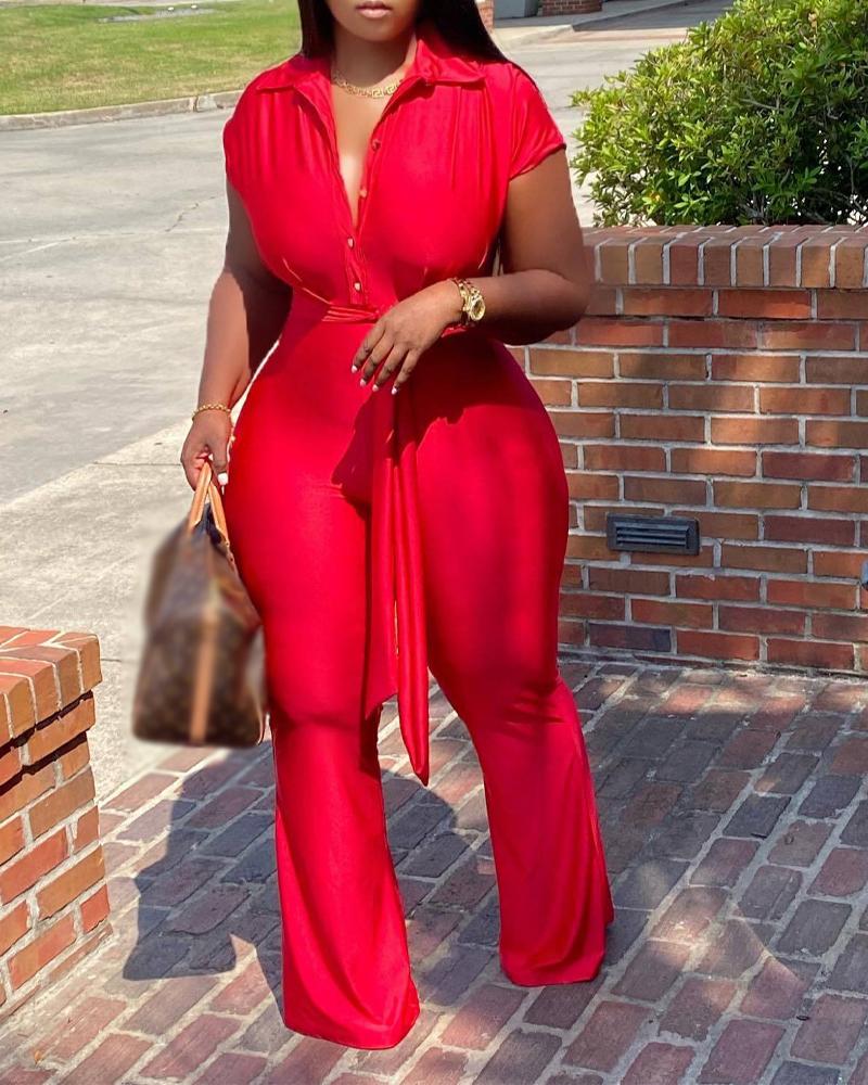

Short Sleeve Button Front Belted Jumpsuit, Red