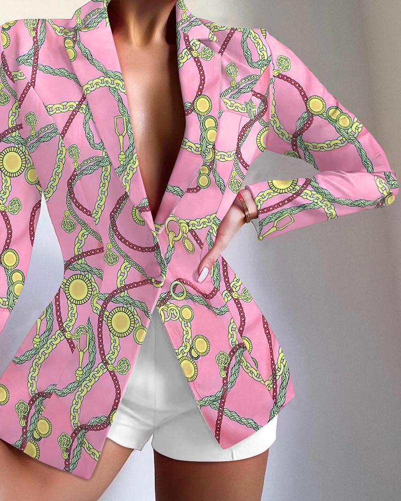 

Scarf Chain Print Lapel Collar Single Button Tailored Blazer, Pink