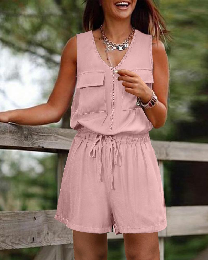 

Pocket Decor Drawstring Sleeveless Romper, Pink