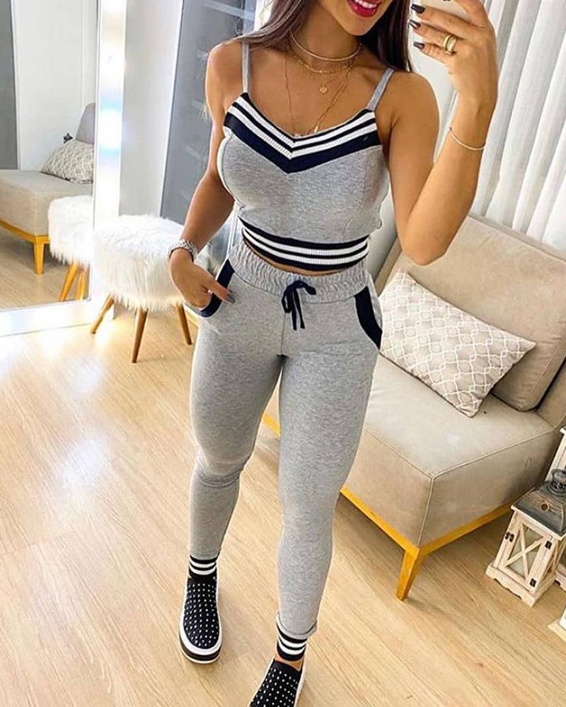 

Striped Spaghetti Strap Top & Drawstring Pants Set, Gray