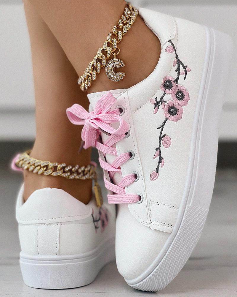 

Floral Embroidery Lace-up Sneakers, White&pink
