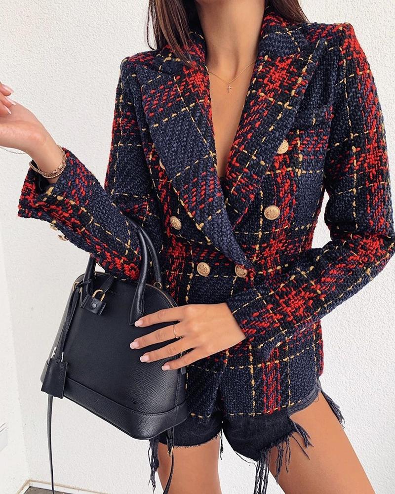 

Notched Collar Double-breasted Plaid Blazer, Red