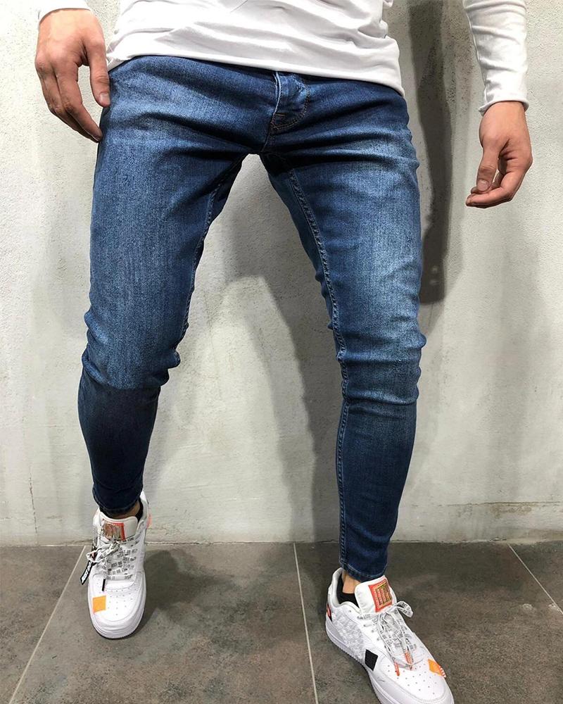 

Solid Skinny Pencil Feet Denim Pants, Dark blue