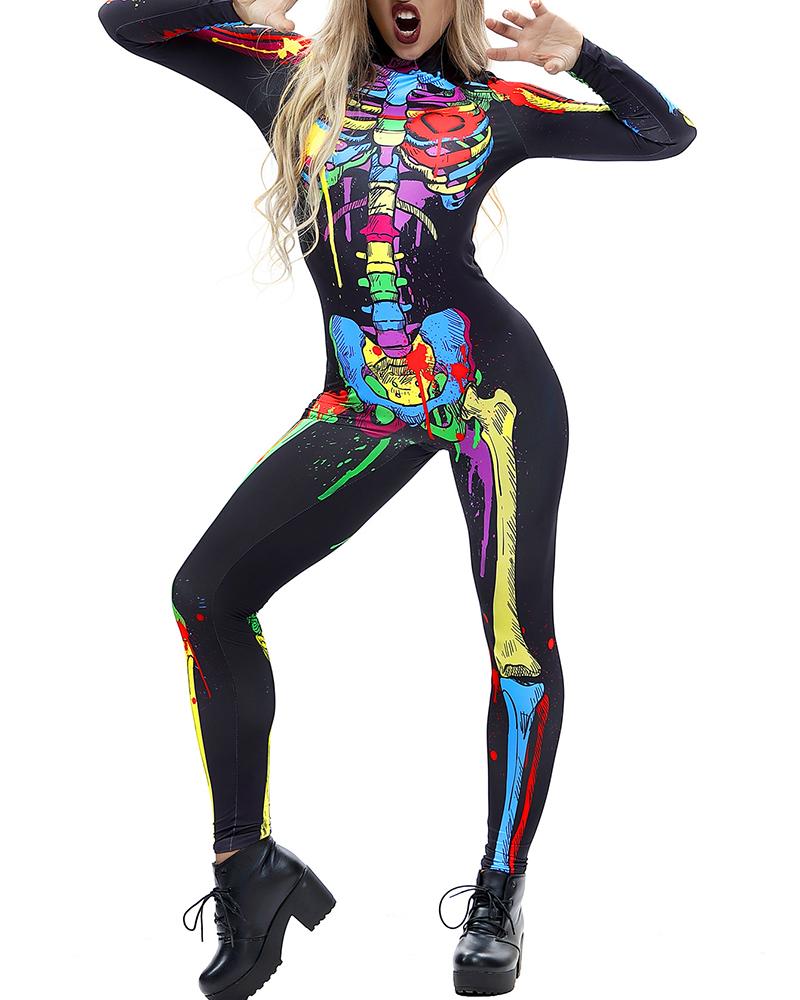 

Colorful Skeleton Print Halloween Costume Jumpsuit, Multicolor