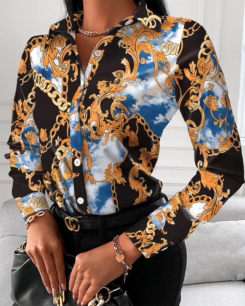 

Chain Scarf Print Button Up Long Sleeve Blouse, Multicolor